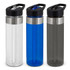 A drink bottle set featuring clear, blue, and grey bottles, each with a stainless steel band and a black lid.