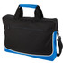 A black and blue laptop bag with a shoulder strap and a front zip pocket, featuring a logo.