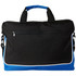 A black and blue laptop bag with a zippered front pocket and dual handles. It has a logo on the side.