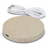 A round, beige wireless charger with a USB cable. It features a branding logo on the surface.