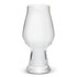 A clear glass beer glass with a unique shape, featuring a wide base and flared top, perfect for beer.