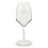 A clear glass wine glass with a tall, elegant design and a branded logo on the surface.