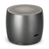 A round, grey speaker with a textured top and a logo, featuring a charging port on the side.