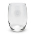 A clear, stemless glass featuring an engraved logo at the centre. Ideal for various beverages.