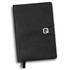 A black Pierre Cardin Biarritz notebook with a clasp closure and ribbon bookmark. Features a logo on the front.