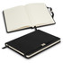 A black notebook with an elastic closure, featuring lined pages and a ribbon bookmark, showcasing a logo.