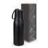 A drink bottle in matte black with a curved design, accompanied by a decorative box featuring a pattern.