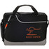A black and grey laptop bag featuring an orange logo and a pen attached. Suitable for carrying laptops and accessories.