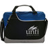 A laptop bag with a black and blue design featuring a logo. It has a handle and an adjustable shoulder strap.