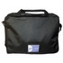 A black laptop bag featuring handles and a side mesh pocket, with a logo on the front.