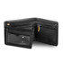 A black leather wallet featuring multiple compartments, card slots, and a zippered pocket, with a logo.