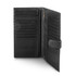 A black leather passport wallet featuring multiple card slots and a secure closure.