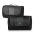 A black picnic blanket with a foldable design and a leather-like flap, featuring a logo on the front.