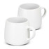 A drinkware set of two white ceramic coffee mugs with rounded shapes and handles, featuring a smooth finish.