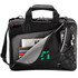 A black laptop bag with grey interior, featuring multiple pockets and a logo. It has handles and a shoulder strap.