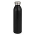 A drink bottle with a sleek black body and a silver metal cap, featuring a simple design and a branding logo.