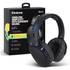 Wireless over-ear headphones in black, with a featured logo, displayed alongside their packaging.