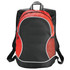 A black and red backpack with mesh side pockets and adjustable straps, featuring a logo on the front.