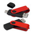 A red and black dual flash drive with a swivel cap, featuring a USB connector and a removable cover.