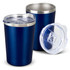 A drink bottle set featuring two navy blue vacuum cups with stainless steel rims and clear lids.