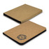 A cork portfolio in natural brown with a decorative black logo, featuring a slim design for A4 documents.