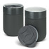 A ceramic coffee cup set in dark green, featuring a sleek design and one lid. Has a logo on the surface.