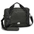 A dark green laptop bag with black accents and a shoulder strap, featuring a logo on the front.