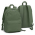 A green canvas backpack with padded straps and a large front pocket, featuring a logo.