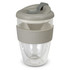 A drink bottle featuring a transparent glass body with a grey silicone grip and lid, including a built-in strainer.