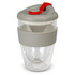 A drink bottle featuring a clear body, grey lid, and a red handle, designed with a silicone sleeve for grip.