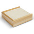 A wooden box in a light finish, square in shape, with a smooth surface and raised edges.