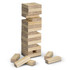 A wooden Mini Tumbling Tower game featuring stacked blocks in light brown, with extra blocks laid around it.