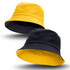 A reversible bucket hat featuring yellow and black colours, with a simple logo on one side.