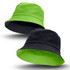 A reversible bucket hat featuring lime green and black colours, with a logo present on the design.