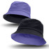 A reversible bucket hat featuring purple on one side and black on the other. It has a logo on it.