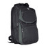 A black and grey backpack featuring multiple zippered pockets and a mesh side pocket, with branding visible.