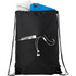 A black drawstring bag with a zippered pocket, containing a blue item, documents, and earphones.