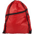 A red drawstring bag with a black zippered pocket and a logo, featuring adjustable drawstrings for closure.