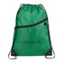 A green drawstring bag with a black zipper pocket and a logo. It features black straps for easy carrying.