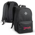 A black backpack featuring a branding logo, with padded shoulder straps and front pocket.