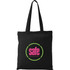 A black canvas tote bag featuring a circular logo in pink and green, with long handles for easy carrying.