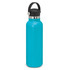 A drink bottle in bright turquoise with a black carry lid and a stainless steel band. It features a logo.