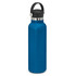 A drink bottle in a vibrant blue colour with a black carry lid and a stainless steel trim.