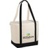 A cooler bag in cream and black with sturdy handles and a logo on the front.
