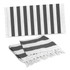 A striped black and white cotton towel with tassels, featuring a flat and folded design.