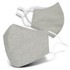 Two light grey linen face masks with adjustable ear straps, featuring a subtle texture and streamlined shape.