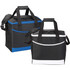A black cooler bag featuring blue and white accents, with dual handles and an adjustable shoulder strap.
