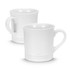 Two white ceramic coffee mugs with rounded edges and handles, featuring a smooth finish and a simple design.