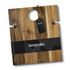 A wooden folding wine table with a central hole, featuring a hanging tag and a brand logo.
