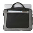 A laptop bag in grey and black featuring handles and an outer pocket for documents. It has a logo present.
